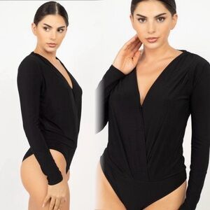 Black long sleeve surplice front bodysuit